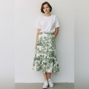 Rachel Zoe Linen Blend Skirt Green Size Small Coastal Living Garden Print Palms